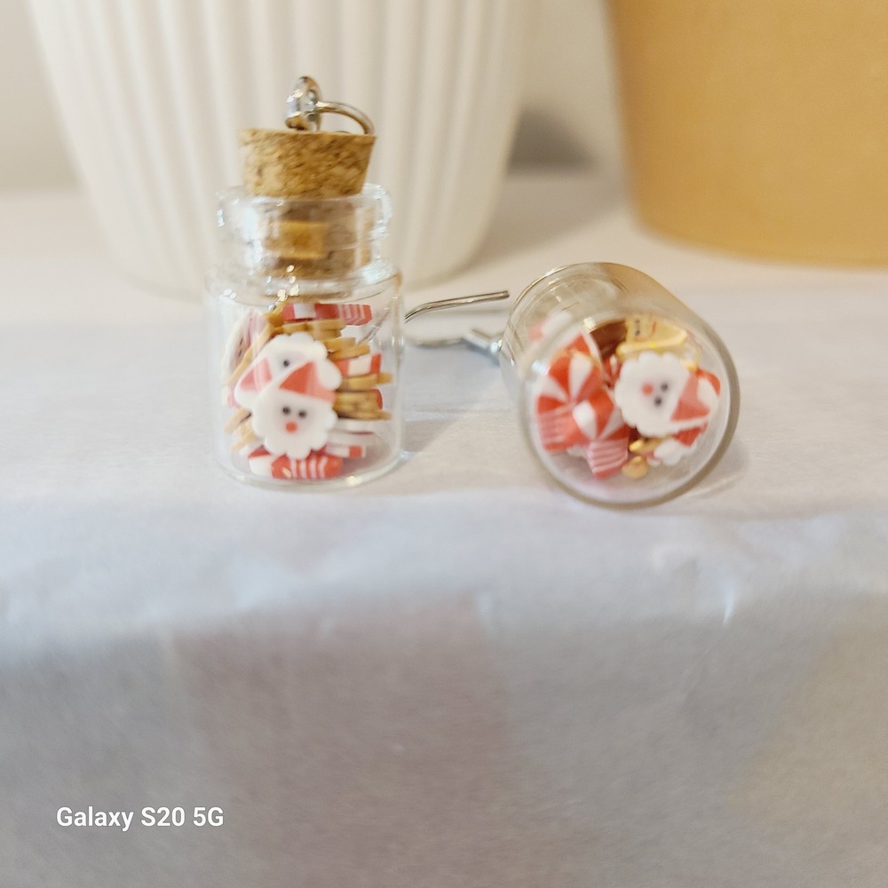 Handmade Tiny Christmas Jar Earrings Santa Candy Cane Bear Charm Dangle Jewelry - Picture 2 of 6